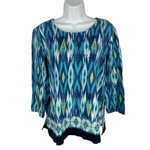 Alfred Dunner Womens Blue Beaded Ikat Print 3/4 Sleeve Top M Cotton/Spandex